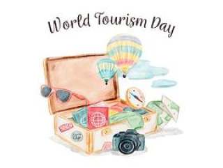 矢量水彩手提箱与世界旅游日的旅行元素