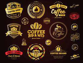 金色咖啡标志徽章和标签元素矢量素材下载