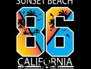 T恤杉和其他用途的加利福尼亚日落海滩印刷术