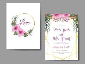 婚礼与花木槿桃红色的邀请卡片