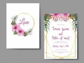 婚礼与花木槿桃红色的邀请卡片