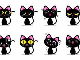 可爱的黑猫字符以不同的情感