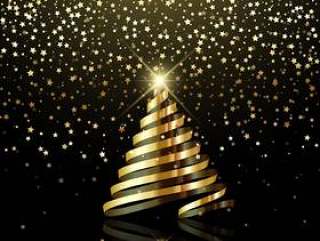 圣诞节背景与金星五彩纸屑和金丝带树
