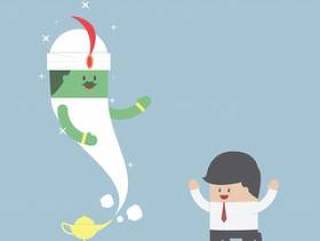 Businessman and genie giant in the magic lamp