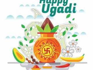快乐的Ugadi。模板贺卡传统的节日印度食品
