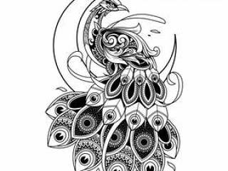 Peacock doodle ornament illustration, tattoo and tshirt design