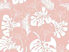 无缝热带模式与白色龟背竹叶和粉红色的背景上的花朵