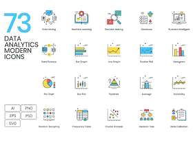 大数据项目的73矢量基于颜色线图标的集合。，现代数据分析图标
