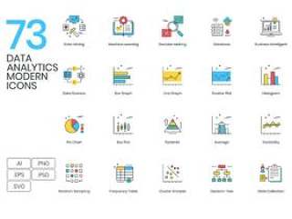 大数据项目的73矢量基于颜色线图标的集合。，现代数据分析图标
