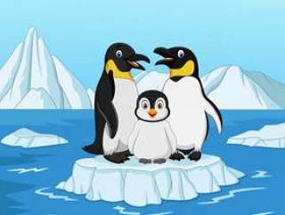 站立在冰川的动画片愉快的企鹅家庭