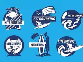 Kiteboarding乐趣在海洋Kitesurfing标签矢量中的一套