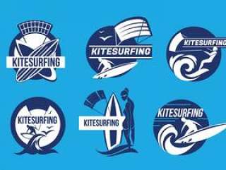 Kiteboarding乐趣在海洋Kitesurfing标签矢量中的一套