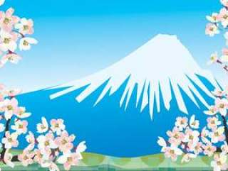 樱花树盛开富士山白天