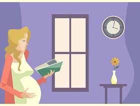 年轻的孕妇在窗口前阅读一本书在下午矢量