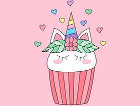 Cute cupcake unicorn cartoon hand drawn style.