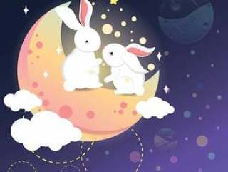 浪漫的兔子在月球上