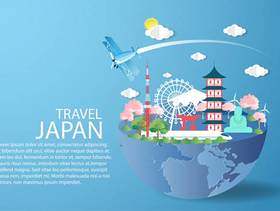 在蓝天的平面飞行与旅行日本概念。