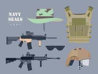 海军印章武器设置矢量平面插画