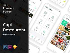 社交食品类别的40多种iOS屏幕的高品质包装。，Capi餐厅iOS UI套件
