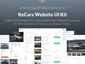 20多个完整页面，25个小部件，60多个图标和Web项目样式指南，ReCars网站UI工具包