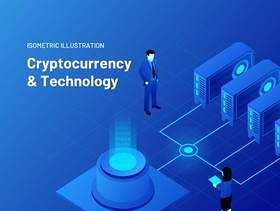 加密货币和技术等距插图素描和插画。加密和技术等距
