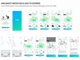 iCity是一款Sketch移动应用UI KIT，可以轻松为您的初创产品定制。，iCity - 租自行车移动应用