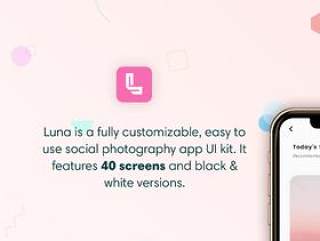 可定制的iPhone XS iOS Photo App UI套件，使用Sketch。，Luna Photo App UI Kit设计