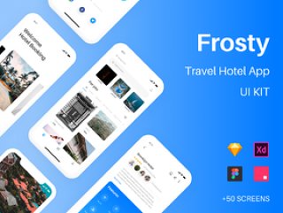 Frosty Traveling酒店预订应用UI工具包，用于Sketch。，Frosty UI Kit
