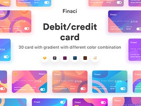 30张具有不同颜色组合的渐变卡，Finaci金融借记卡/信用卡
