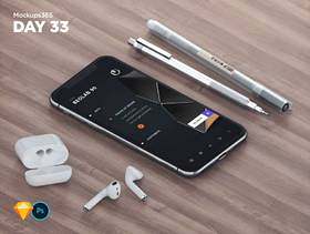 iPhone X和Apple AirPods使用Sketch＆Photoshop的设计师笔模型。，Mockups365：第33天