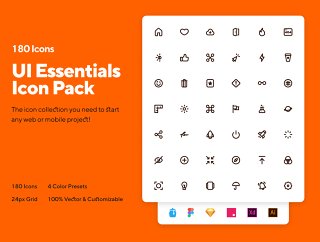180个图标完善启动任何项目。对于素描，FIGMA Illustrator和Adobe XD，INVISION＆IconJar，UI要点图标包