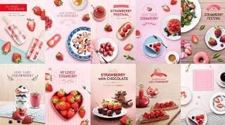 15款草莓季水果清新爱心粉红早餐下午茶西餐甜点派对餐饮PSD设计素材