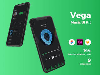 高品质音乐应用的iOS UI套件专为素描，Adobe公司的XD和FIGMA，维加音乐IOS UI工具包