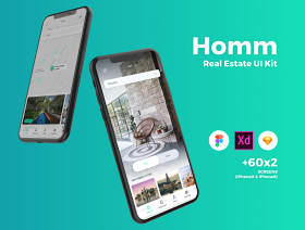 高品质的房地产移动应用程序UI套件专为素描，Adobe公司的XD和FIGMA，HOMM房地产UI工具包
