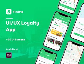 90+手机屏幕UI工具包的Adobe XD，FindMe  - 忠诚度应用程序UI工具包