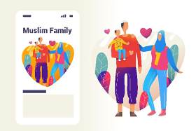 穆斯林家庭父母和孩子插画人物素材Muslim Family Father Son and Mom