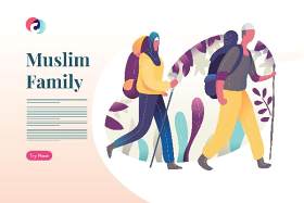 穆斯林家庭徒步旅游人物插画素材Muslim Family do Hiking