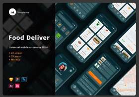食品配送应用IOS设计+用户界面工具包+模型+独特图标Food Delivery App IOS design + UI Kit + Mockup + unique icons