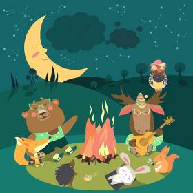 可爱卡通户外篝火弹吉他的森林动物组合插画EPS矢量素材