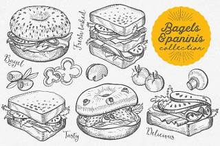 百吉饼和帕尼尼斯手绘图形元素矢量素材Bagels And Paninis Hand-Drawn Graphic