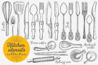 厨具手绘图形矢量素材Kitchen Utensils Hand-Drawn Graphic