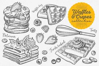 华夫饼和薄饼手绘图形矢量素材Waffles And Crepes Hand-Drawn Graphic