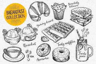 早餐食品元素涂鸦矢量素材Breakfast Food Elements