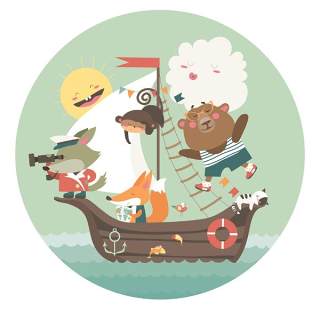 可爱卡通乘船远航的森林动物组合插画EPS矢量素材