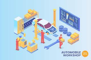 2.5D等距汽车车间插画矢量AI素材场景概念创意Isometric Automobile Workshop Vector Concept