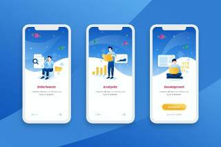 蓝色登陆屏幕移动应用程序APP界面人物概念插画Onboarding Screens Mobile App