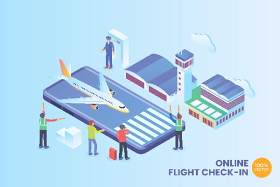 2.5D等距轴测在线航班签入矢量素材AI插画场景概念Isometric Online Flight Check-In Vector Concept