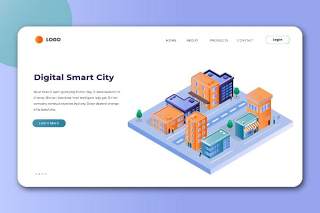 2.5D插画等距登录页创意数字化智慧城市概念WEB网页界面模板设计AI矢量素材Isometric Landing Page