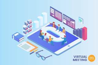 2.5D等距虚拟商务会议矢量AI插画素材概念场景Isometric Virtual Business Meeting Vector Concept