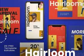 发廊理发社交媒体模板PSD移动界面设计素材Hairloom - Social Media Template + Stories